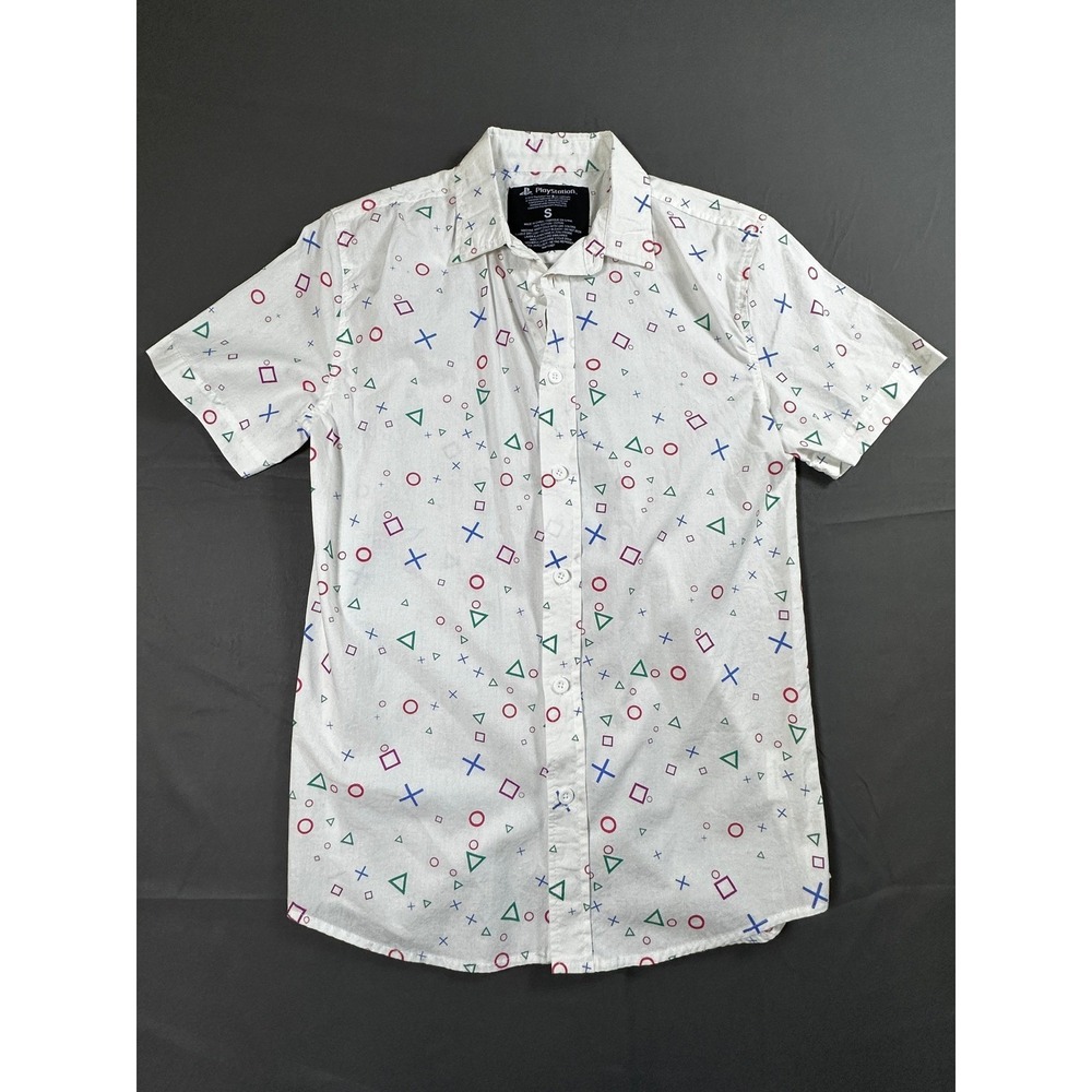 PlayStation Mens Short Sleeve Button Down Shirt White Controller Symbols Small